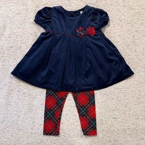Max Studio Kids Navy Velvet Dress with Red Plaid Bow & Leggings